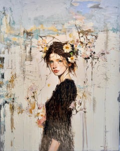 Puela Florum II: Retrato de una niña de las flores, pintura al óleo sobre lienzo. Disponible