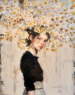 Puela Florum IV: Retrato de una niña de las flores, pintura al óleo sobre lienzo. Disponible
