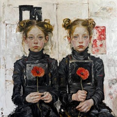 Silent Reflections Oil Painting on Canvas Girl Duality Guardian Angel In Stock