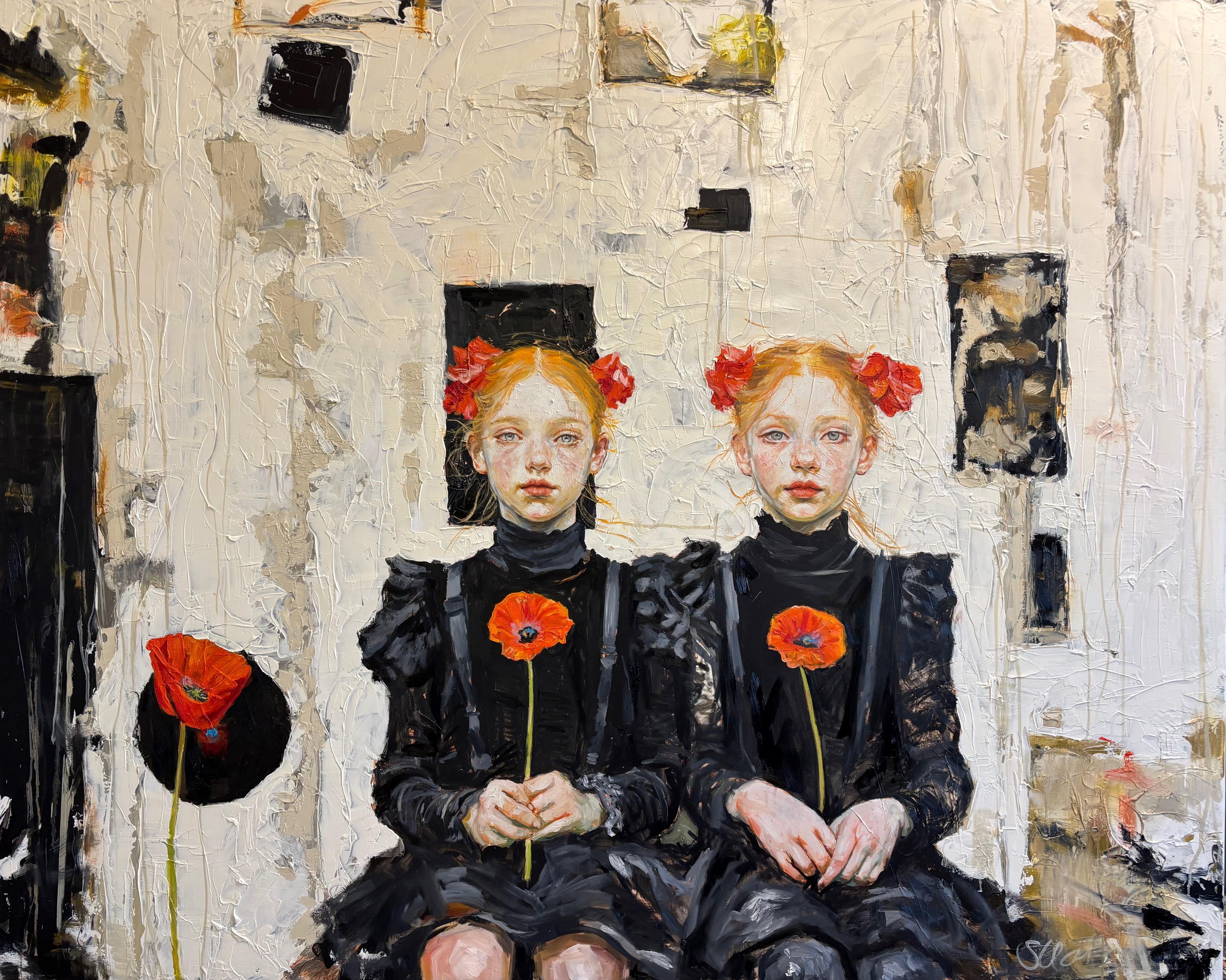 Figurative Painting de Suzan Schuttelaar - Silencio fraternal Pintura al óleo sobre lienzo Niñas Dualidad Ángel de la Guarda En Stock