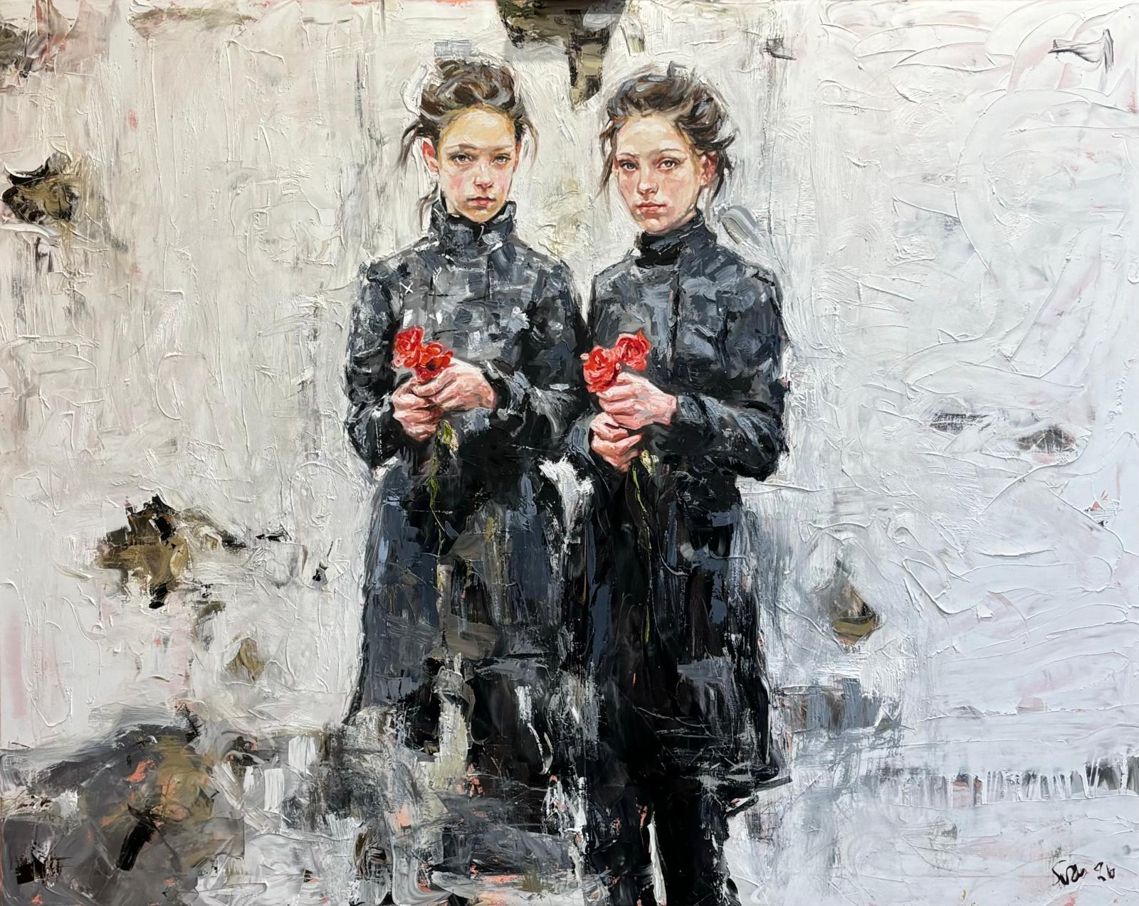 Portrait Painting de Suzan Schuttelaar - La Ofrenda Tranquila Pintura al Óleo sobre Lienzo Lino Niña Gemelas Dualidad En Stock