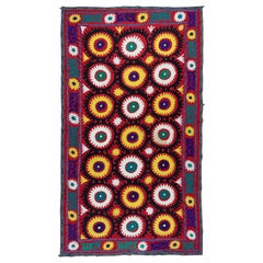 Suzani Bed Cover in Red, Old Embroidered Wall Hanging. Asian-Inspired Suzani Bed Cover in Red, Old Embroidered Wall Hanging. Asian-Inspired