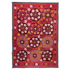 Suzani Cotton Bed Cover in Red, Vintage Embroidered Wall Hanging