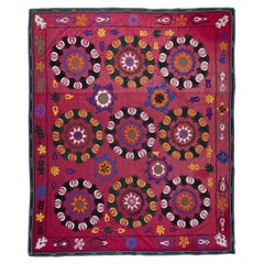 Suzani Cotton Bed Cover, Vintage Hand Embroidered Wall Hanging in Red