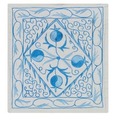 Suzani Cushion Cover, Uzbek Embroidery Lace Pillow in Cream & Light Blue