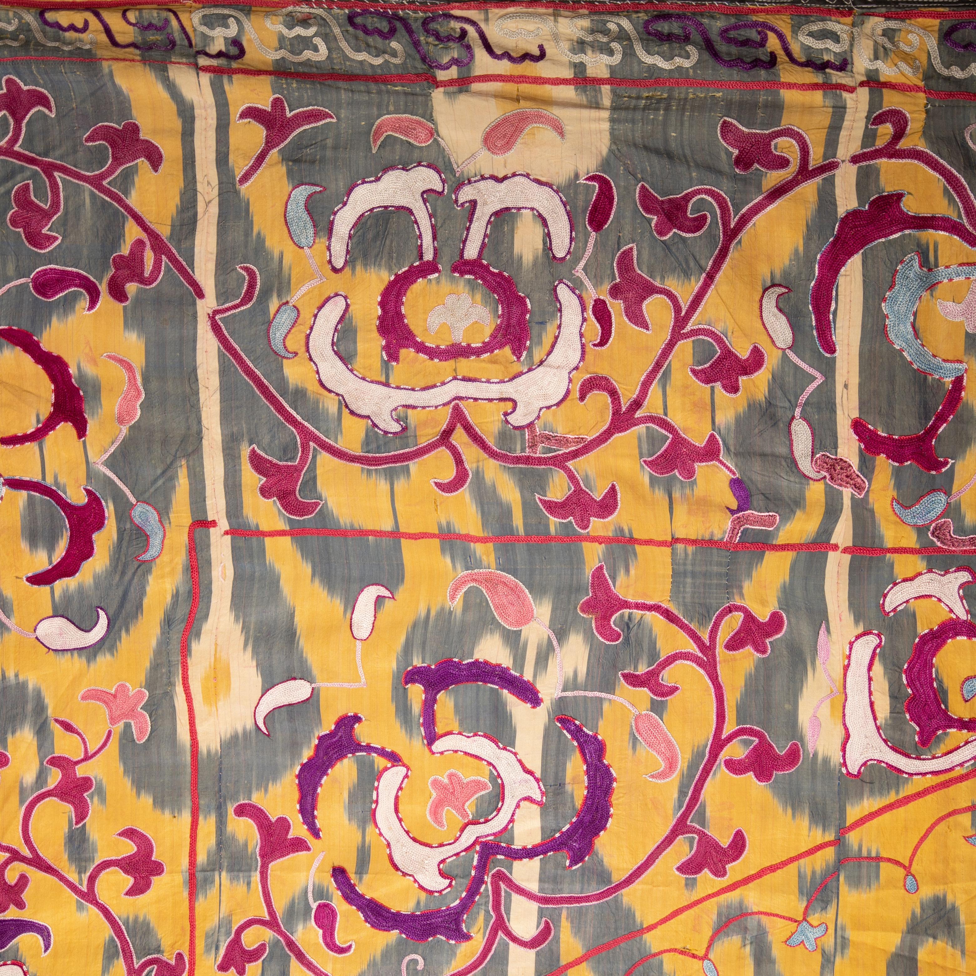 20th Century Suzani done on silk Ikat, Uzbekistan, early. 20th c.