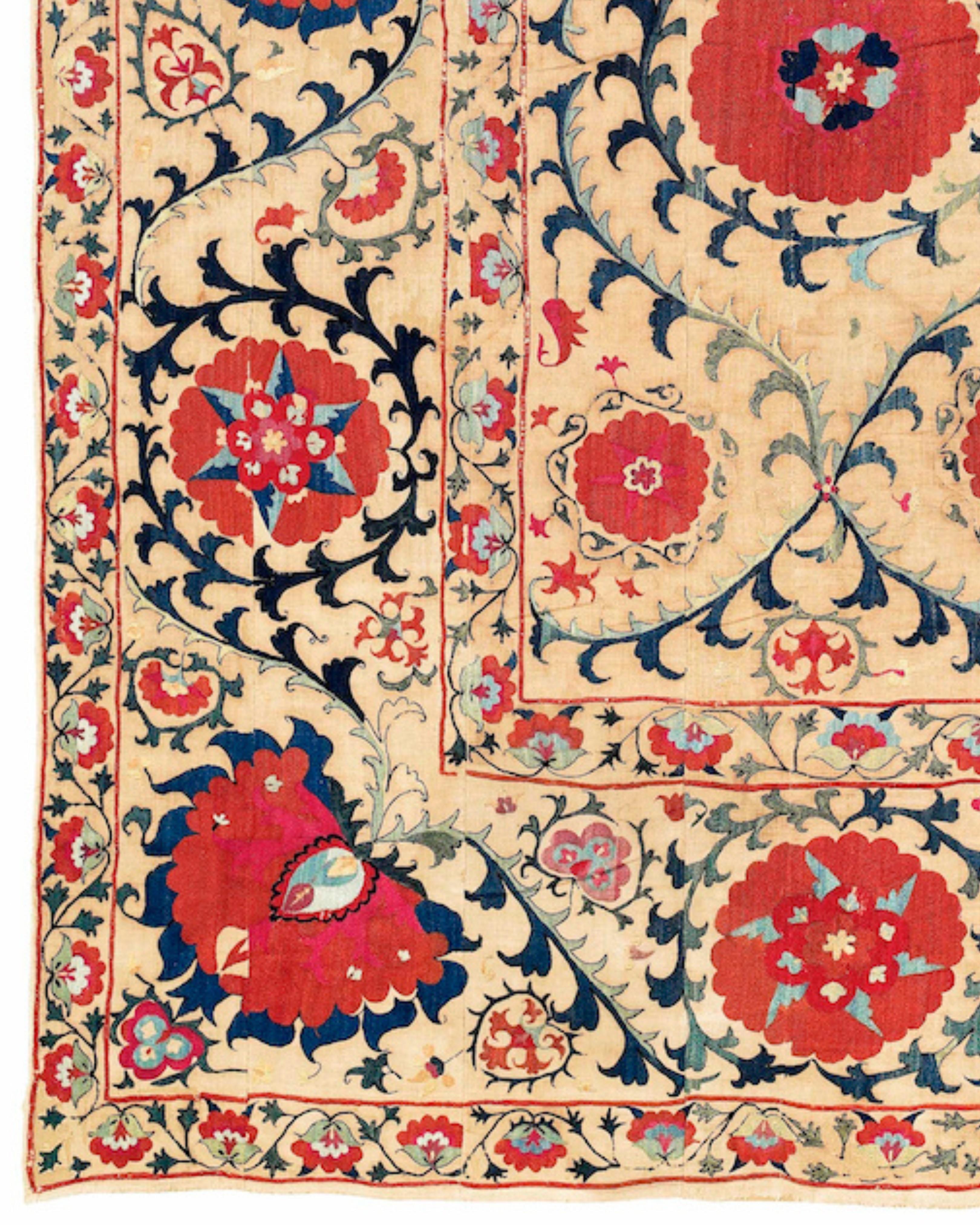 Hand-Knotted Antique Uzbek Suzani Embroidery Rug, c. 1800 For Sale