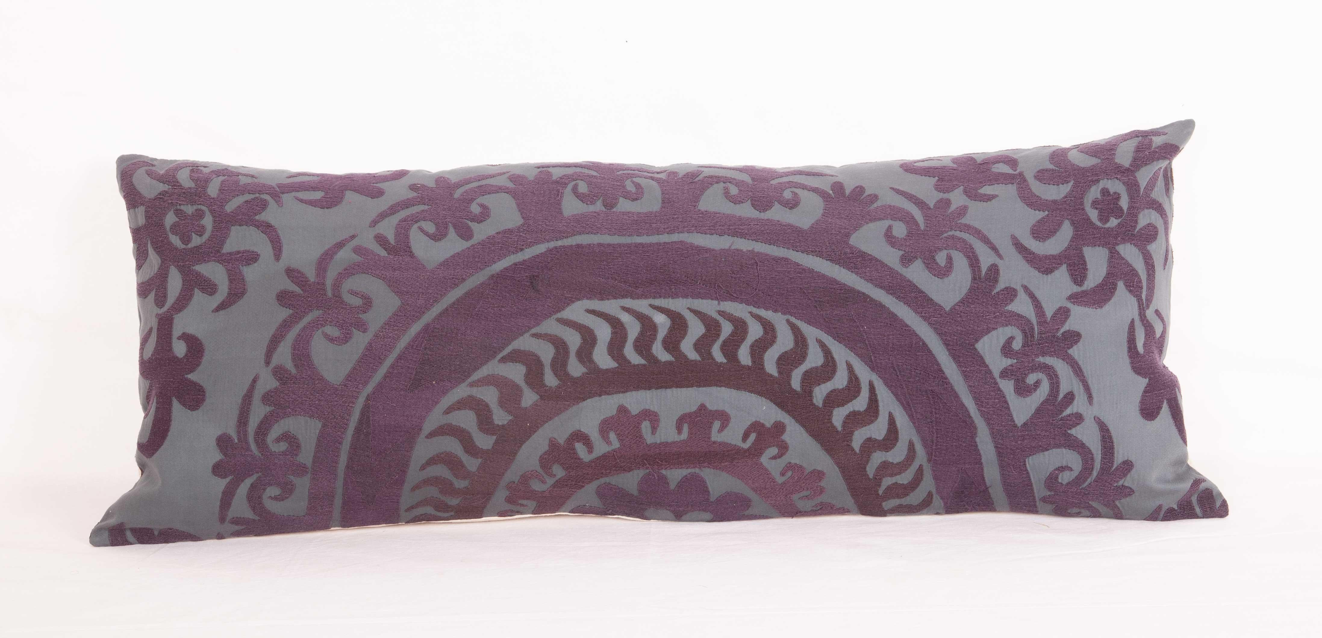 Embroidered Suzani Lumbar Pillow Cases Fashioned from a Vintage Over Dyed Suzani For Sale