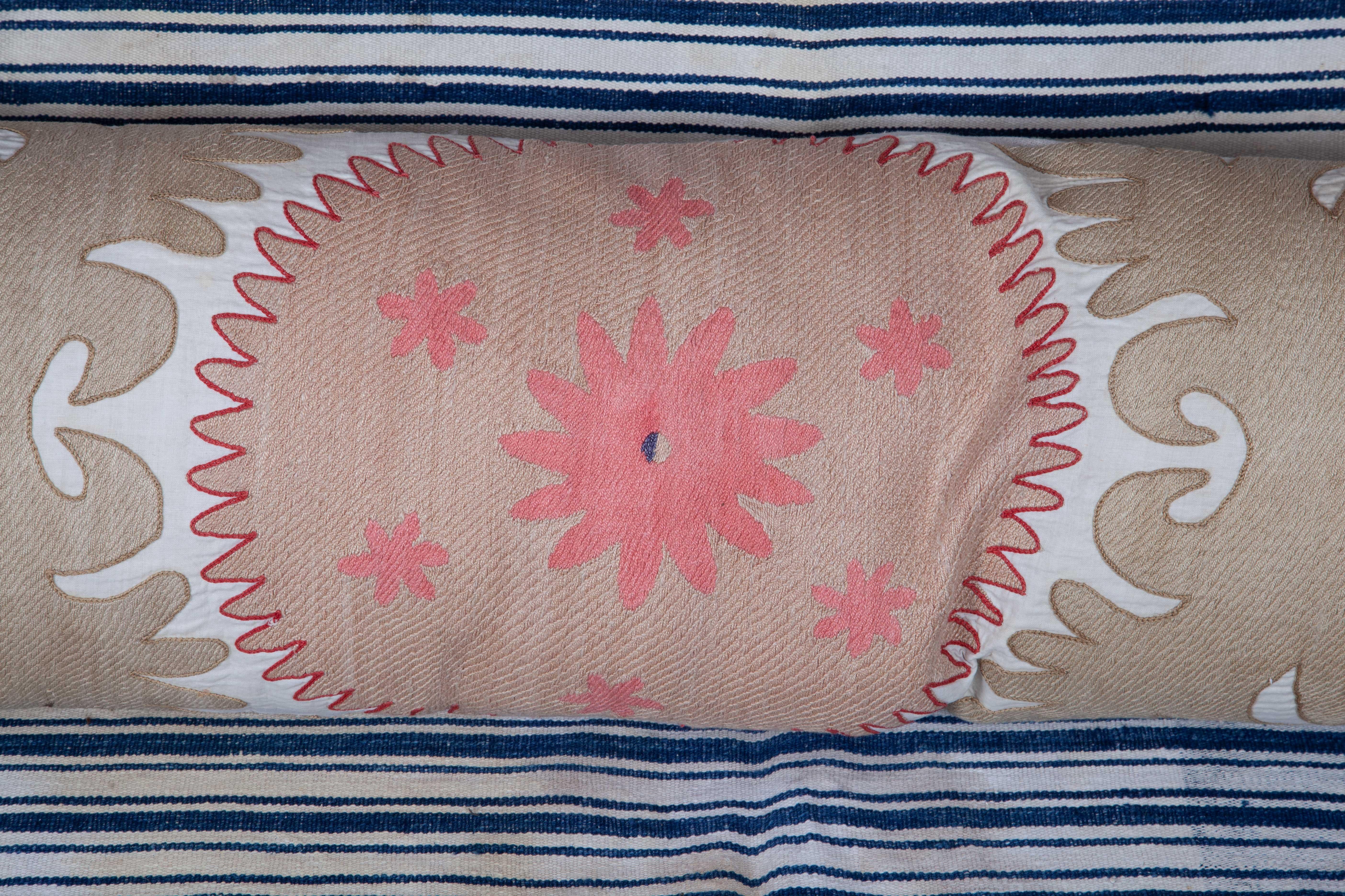 Embroidered Suzani Lumbar Pillow Case Made from a Vintage Uzbek Suzani, Mid-20th Century