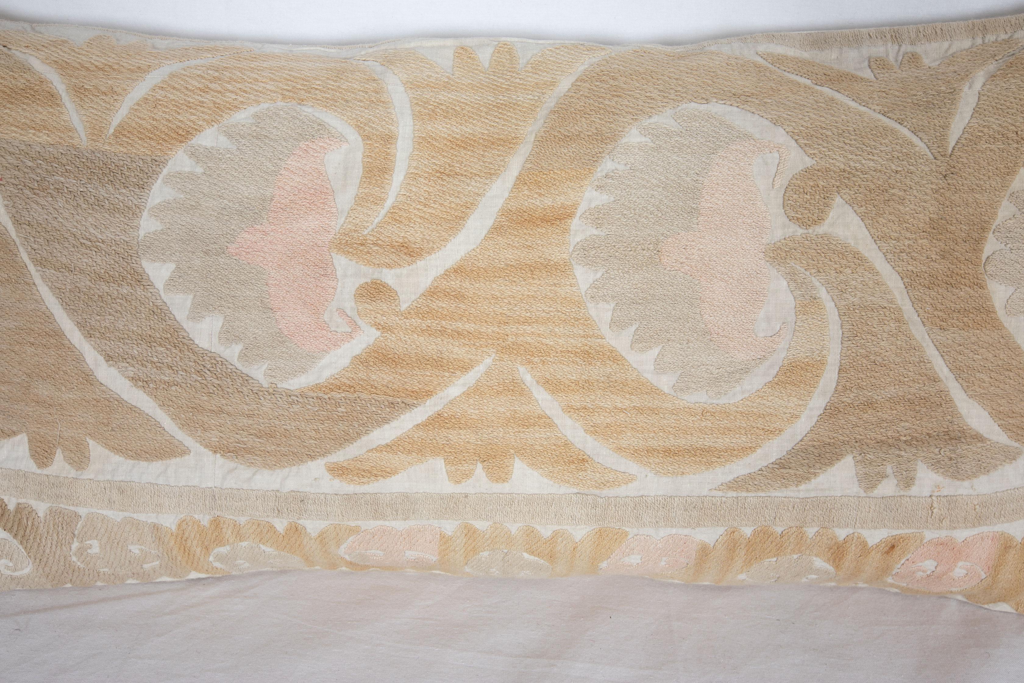 Embroidered Suzani Lumbar Pillow Case Made from a Vintage Uzbek Suzani, Mid-20th Century For Sale
