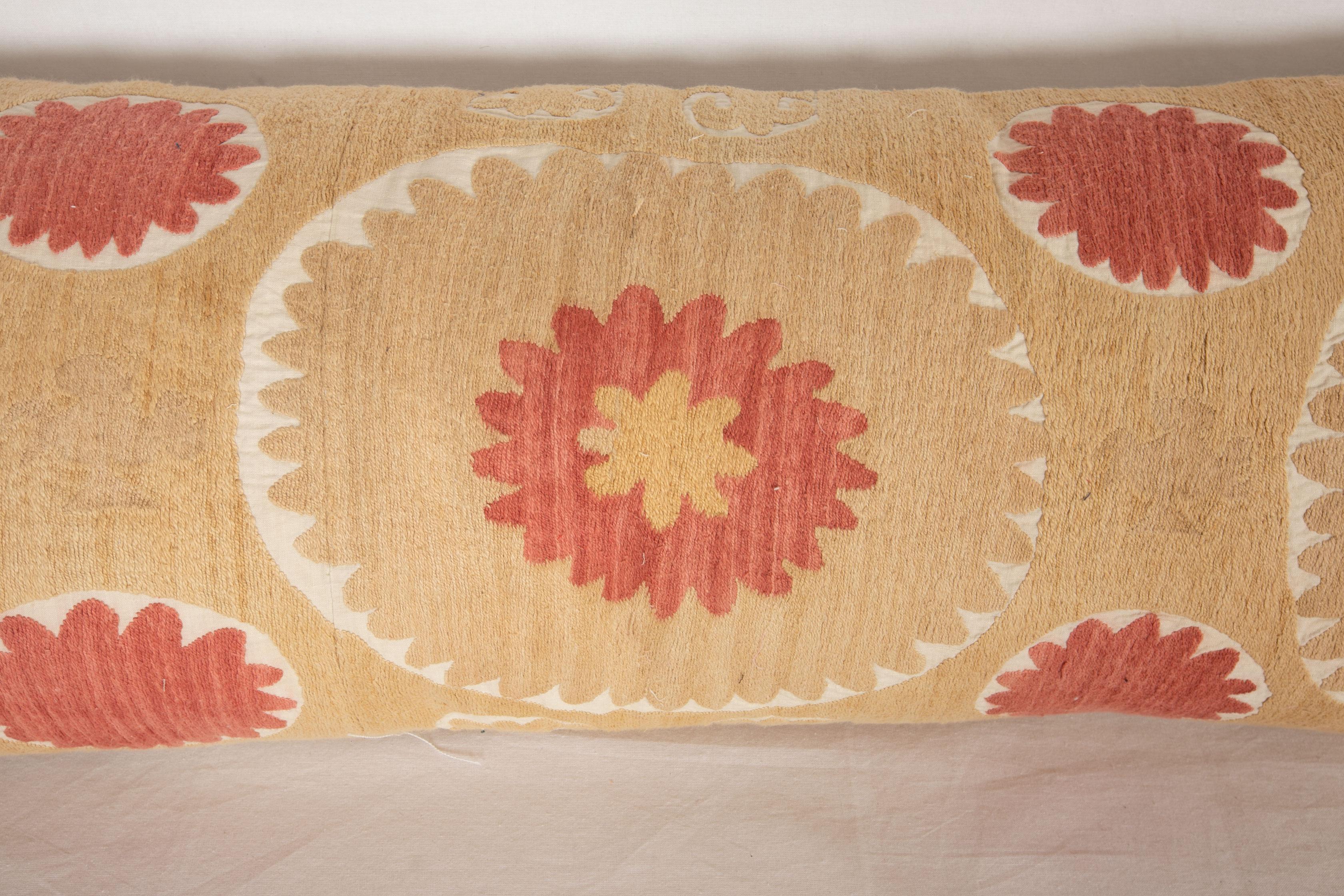 Embroidered Suzani Lumbar Pillow Case Made from a Vintage Uzbek Suzani, Mid-20th Century For Sale