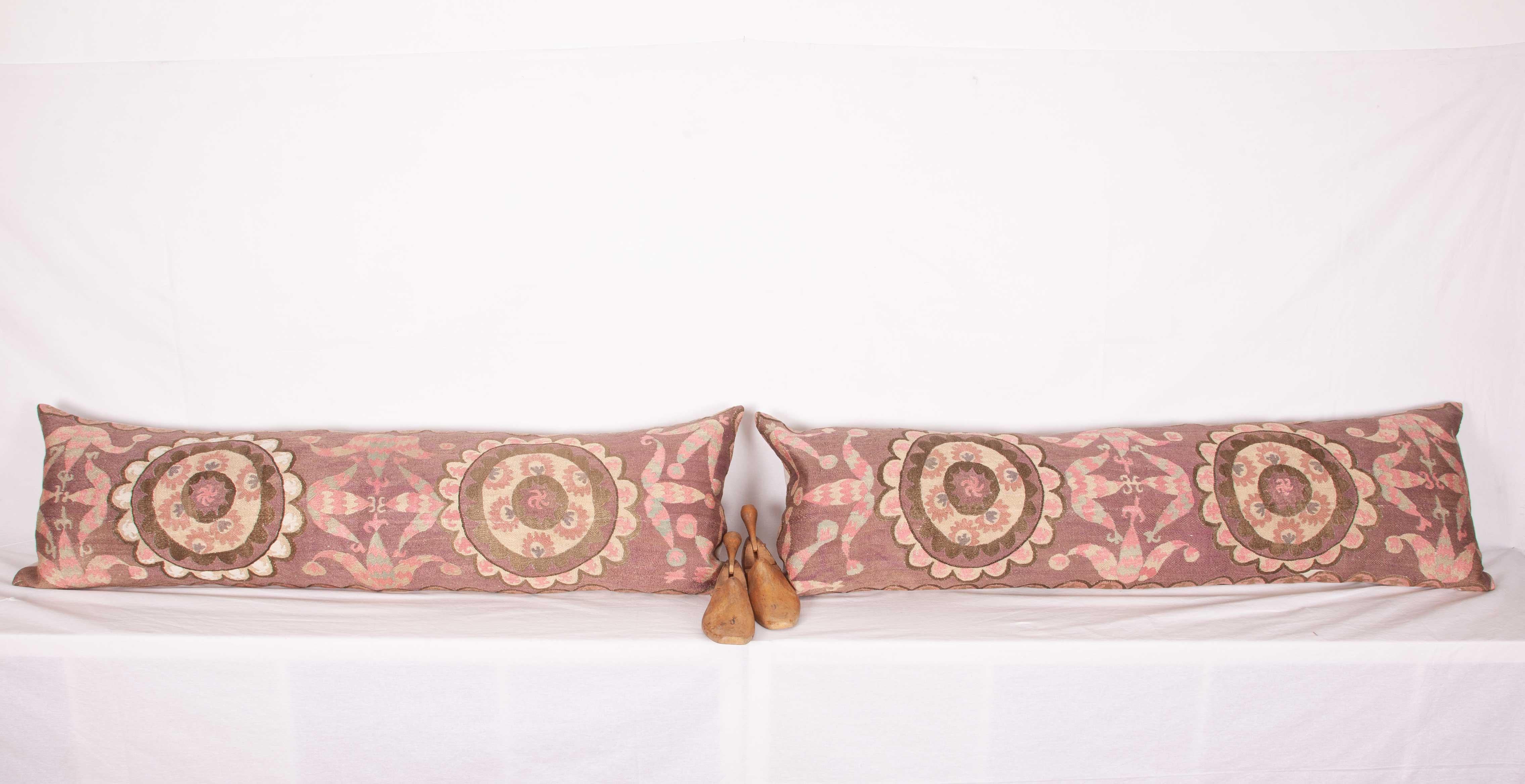 Uzbek Suzani Lumbar Pillow Cases Fashioned from All-Over Embroidered Tashket Suzani