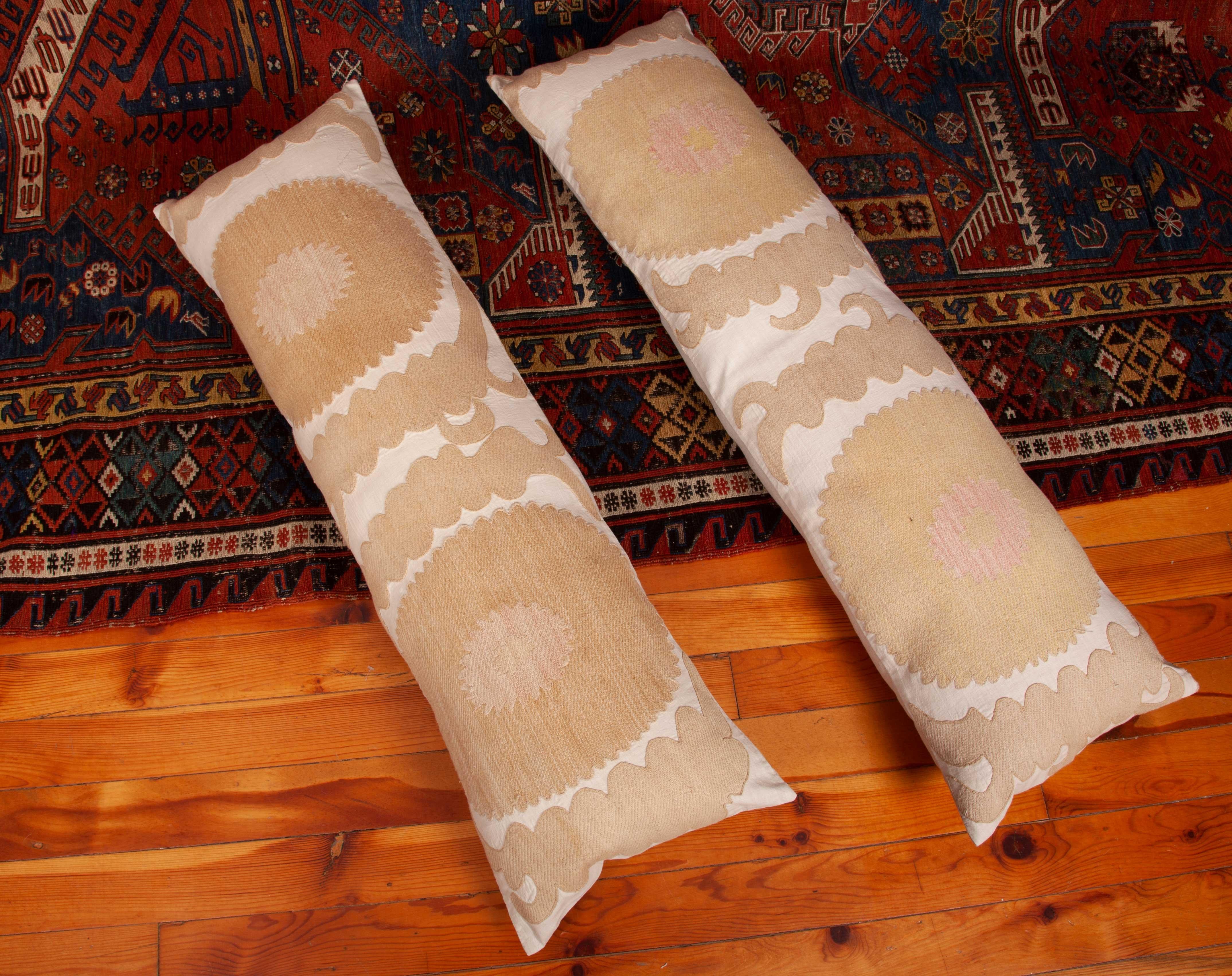 Cotton Suzani Lumbar Pillow Cases Made from a Neutral Uzbek Suzani, Mid-20th Century