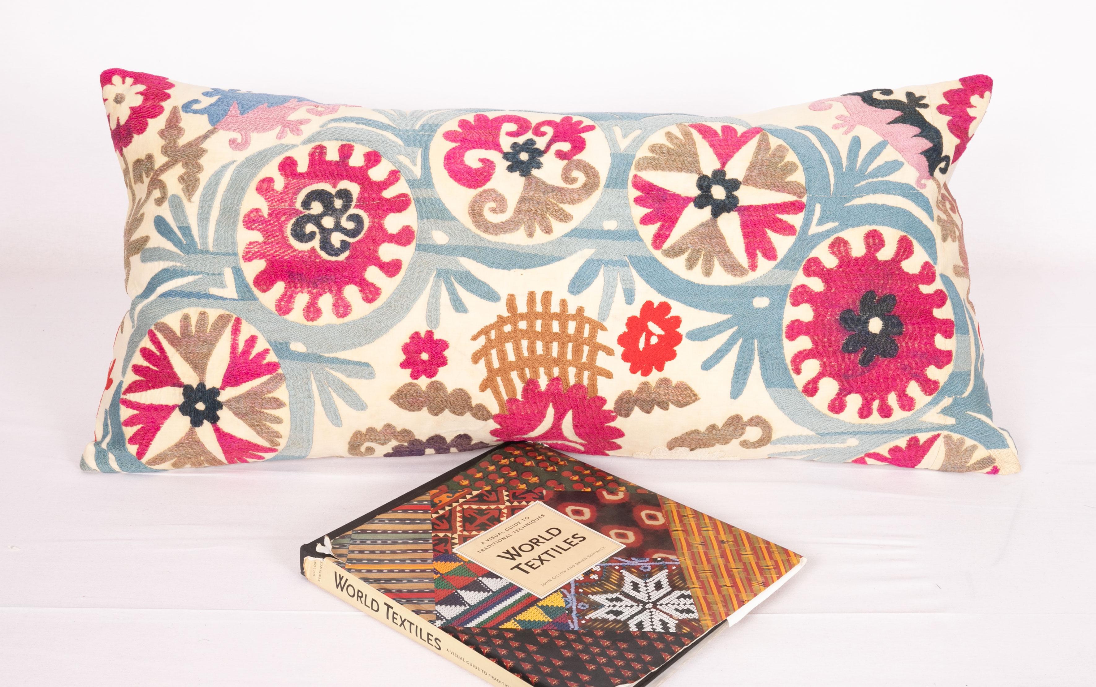 Cotton Suzani Lumbar Pillow Case Made from a Vintage Uzbek Suzani, Mid-20th Century For Sale
