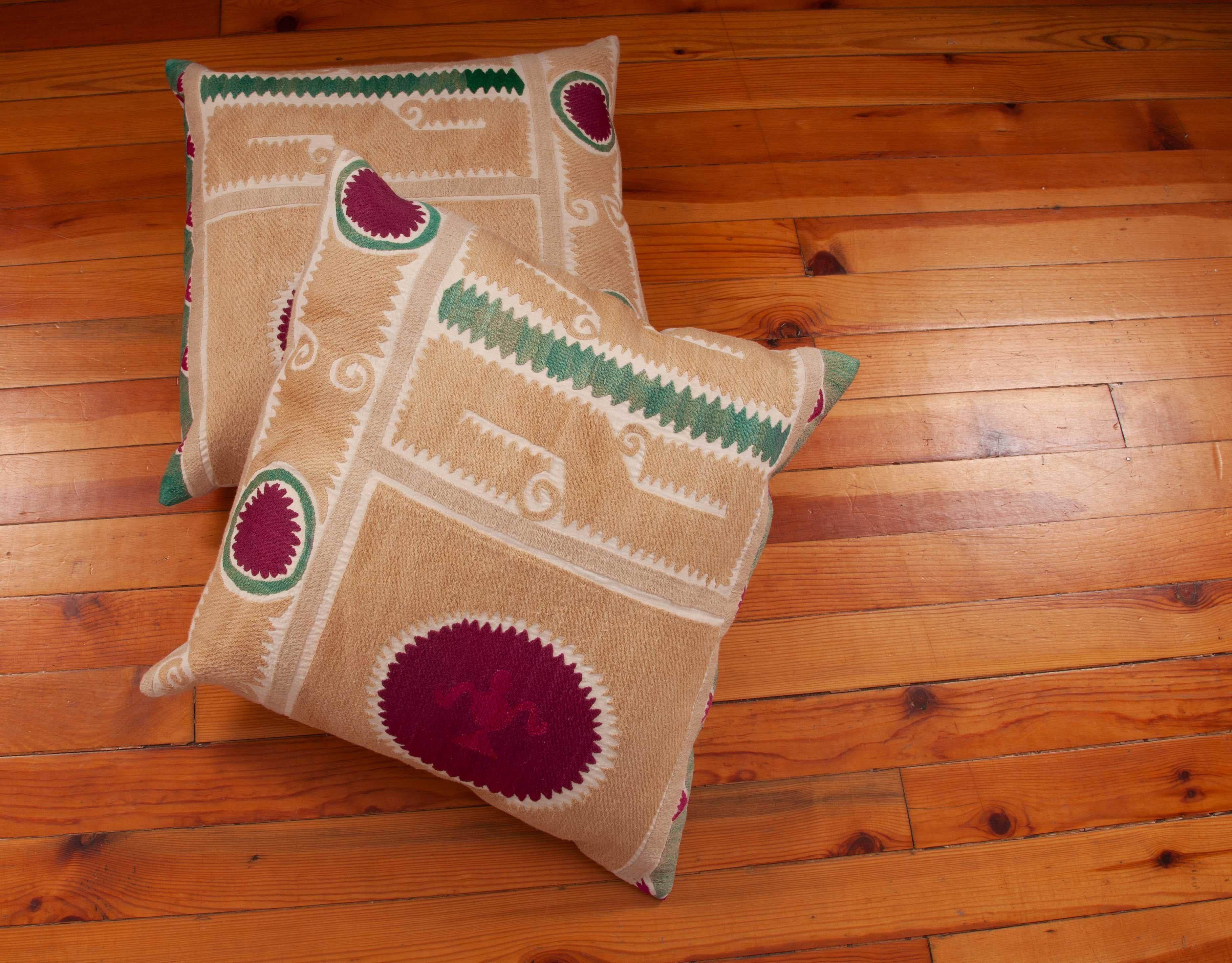 Cotton Suzani Pillow Cases Fashioned from a Mid-20th Century Samarkand Suzani For Sale
