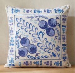 17"x18" Embroidered Silk Cushion Cover. Uzbek Accent Pillow. Blue Throw Pillow
