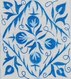 16"x19" Hand Embroidery Cushion Cover. Blue Accent Pillow. Silk Throw Pillow