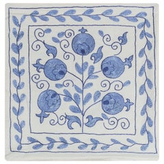 Suzani Textile Uzbek Silk Embroidered Cushion Cover in Cream 
Blue