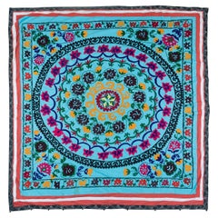 Suzani Vintage Wall Hanging, Hand Embroidered Cotton Bed Cover in Blue