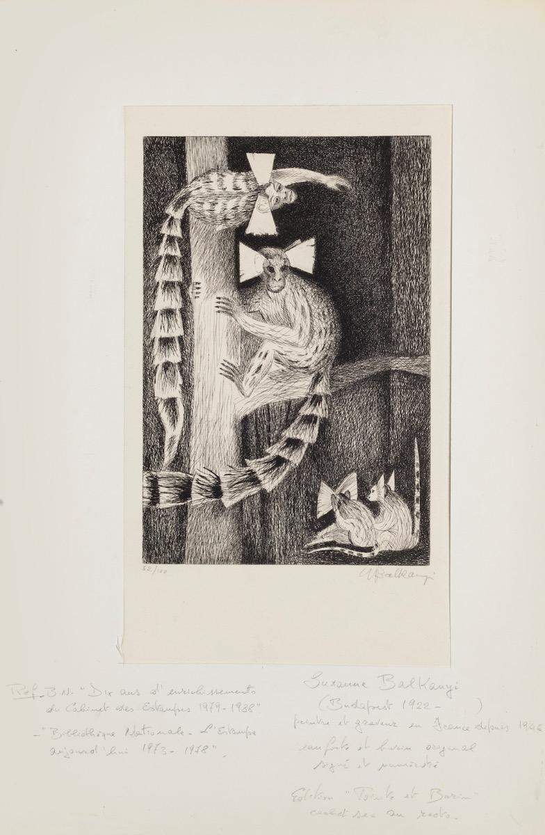 Monkeys is a beautiful etching realized by Suzanne Balkanyi in 1946 representing monkeys.

Hand-signed on the lower in pencil, numbered edition of 52/100 prints.

Included a Passepartout: 51 x 33 cm

Good conditions.

Suzanne Balkanyi (March 14,