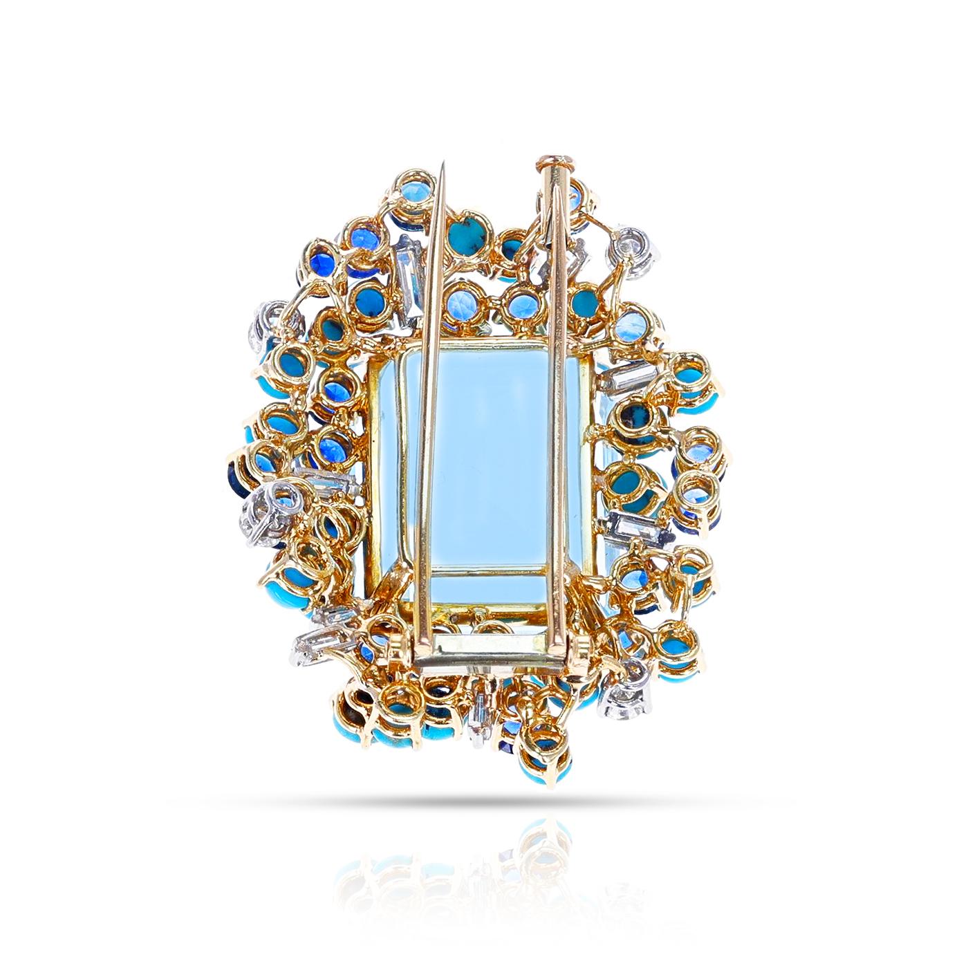 Suzanne Belperron Broche de aguamarina, rubí y diamantes, 18k Corte cojín en venta