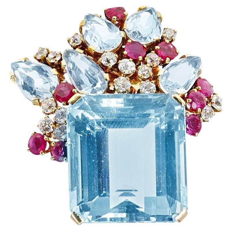 Suzanne Belperron Brosche, Aquamarin, Rubin und Diamanten, 18k