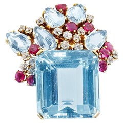 Suzanne Belperron Aquamarine, Ruby and Diamond Brooch, 18k