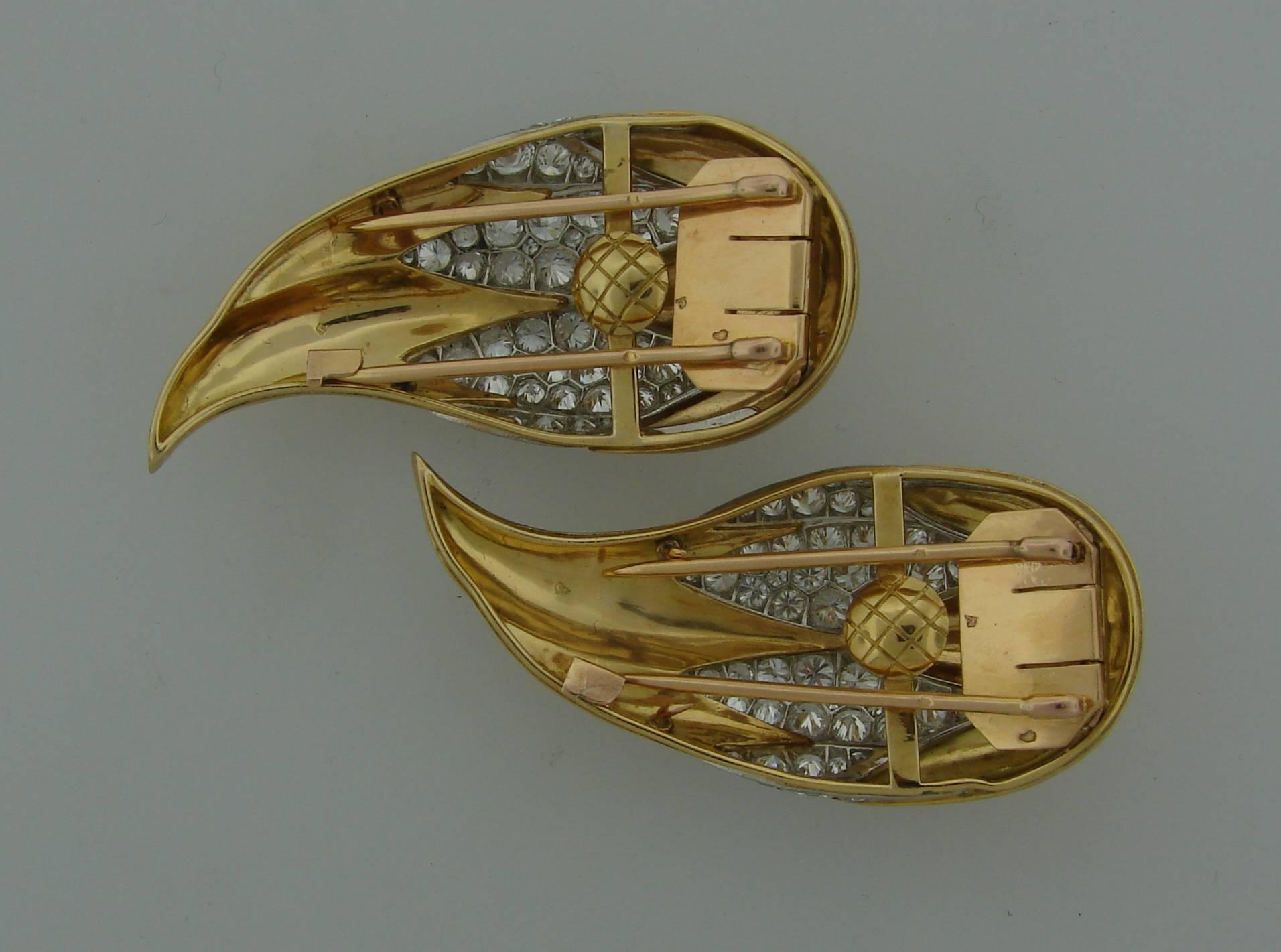Suzanne Belperron Dents de Loup Clip Brooches Diamond Gold Platinum In Excellent Condition For Sale In Beverly Hills, CA