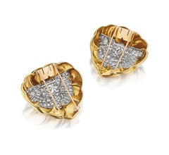 Suzanne Belperron Pair of Diamond and Gold Clip Brooches Paris C. 1945 Art Deco