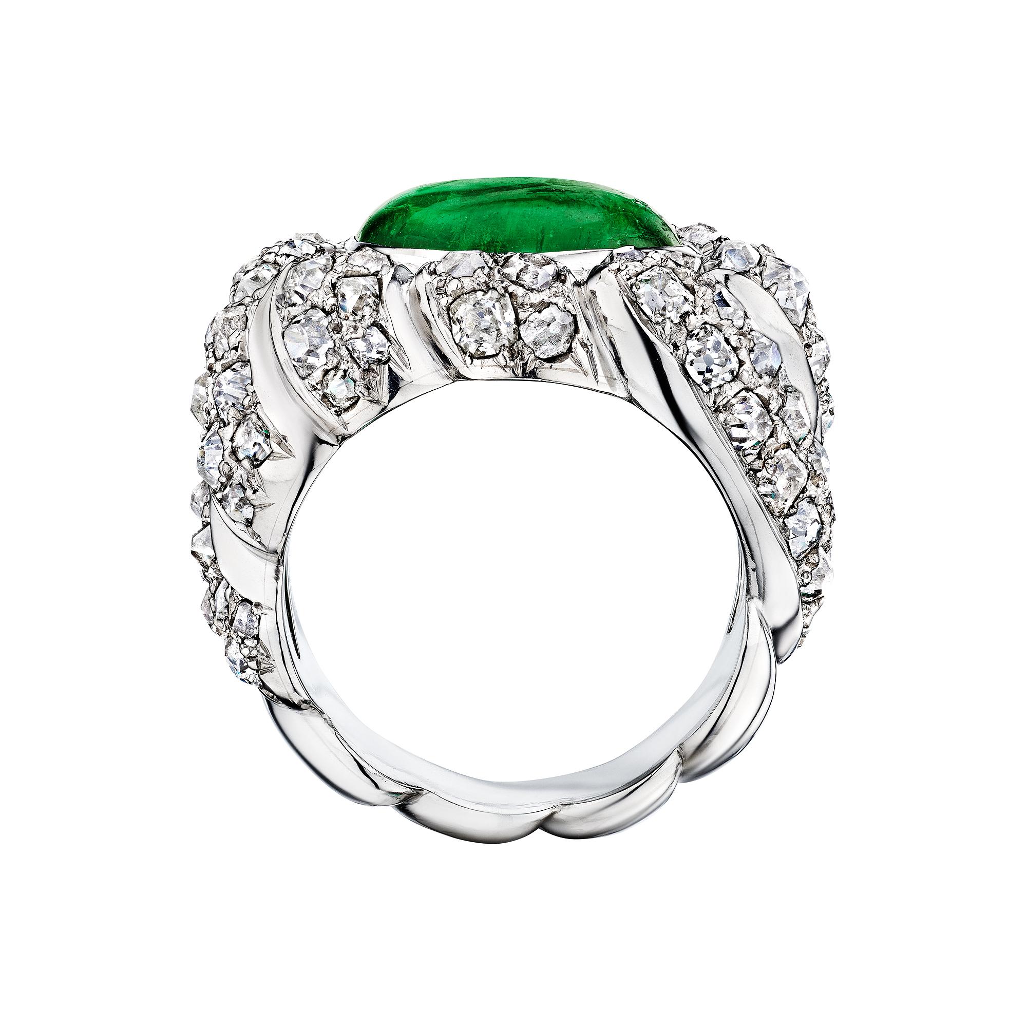 Modernist Suzanne Belperron Paris Tourbillon Cabochon Emerald Diamond Platinum Ring