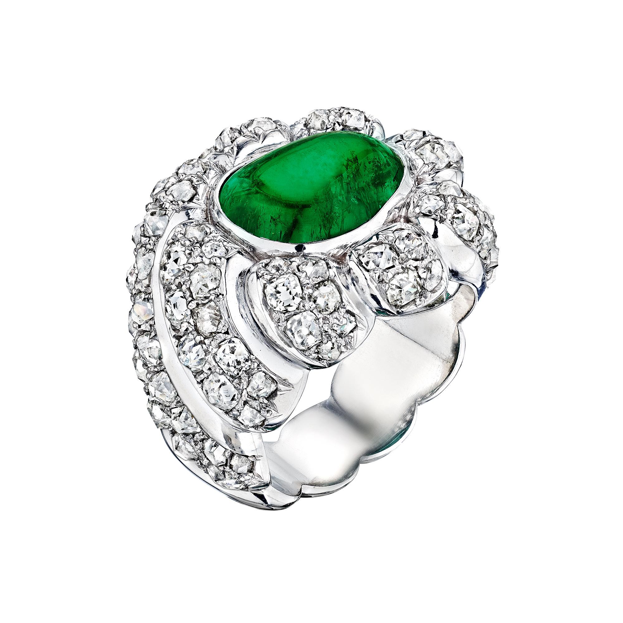 Suzanne Belperron Paris Tourbillon Cabochon Emerald Diamond Platinum Ring In Excellent Condition In Greenwich, CT