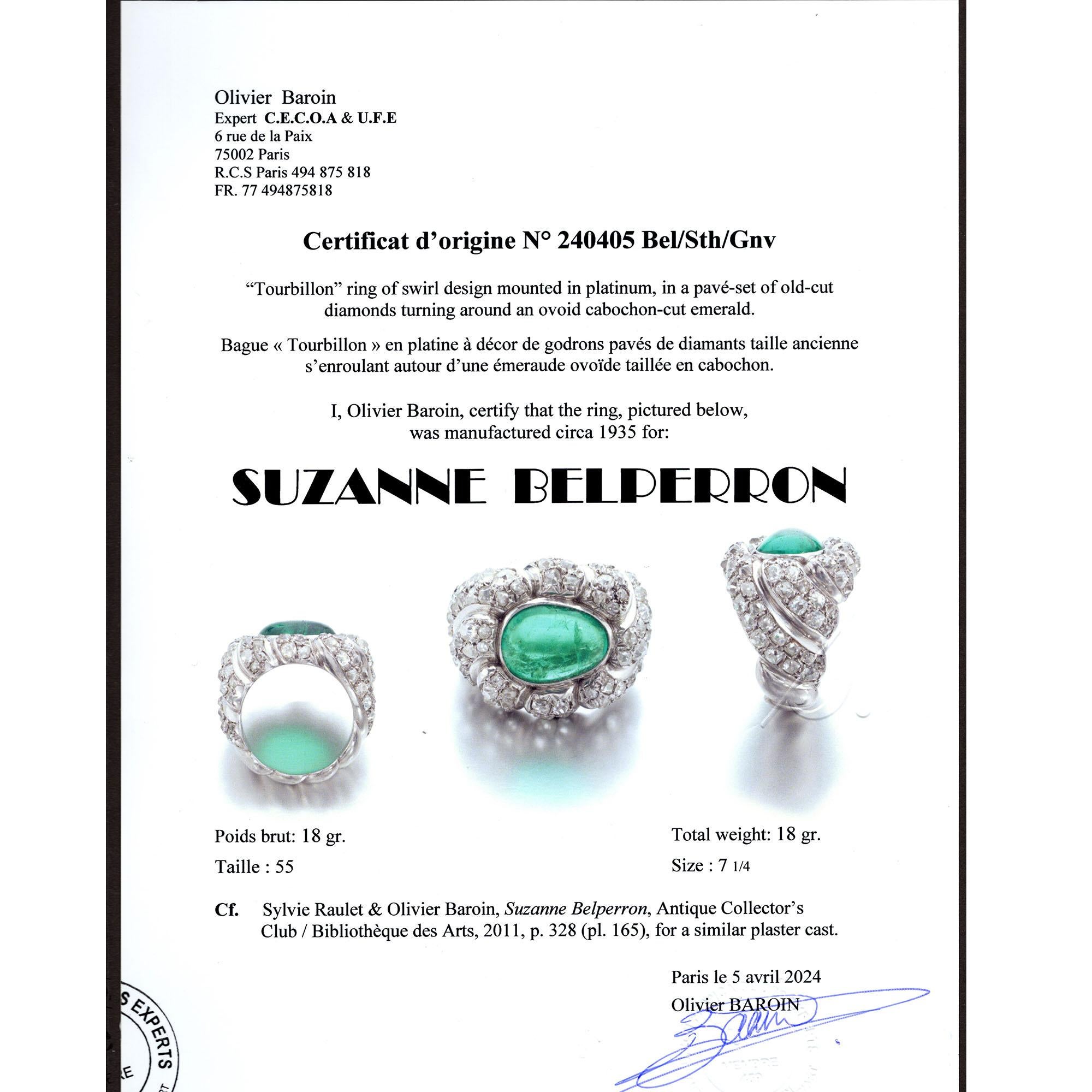 Women's Suzanne Belperron Paris Tourbillon Cabochon Emerald Diamond Platinum Ring