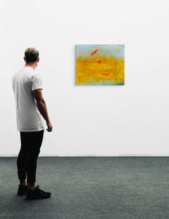 Breaking Free, Paisaje marino abstracto con pájaros rojos, pintura de cielo dorado, 20 x 24 pulg.