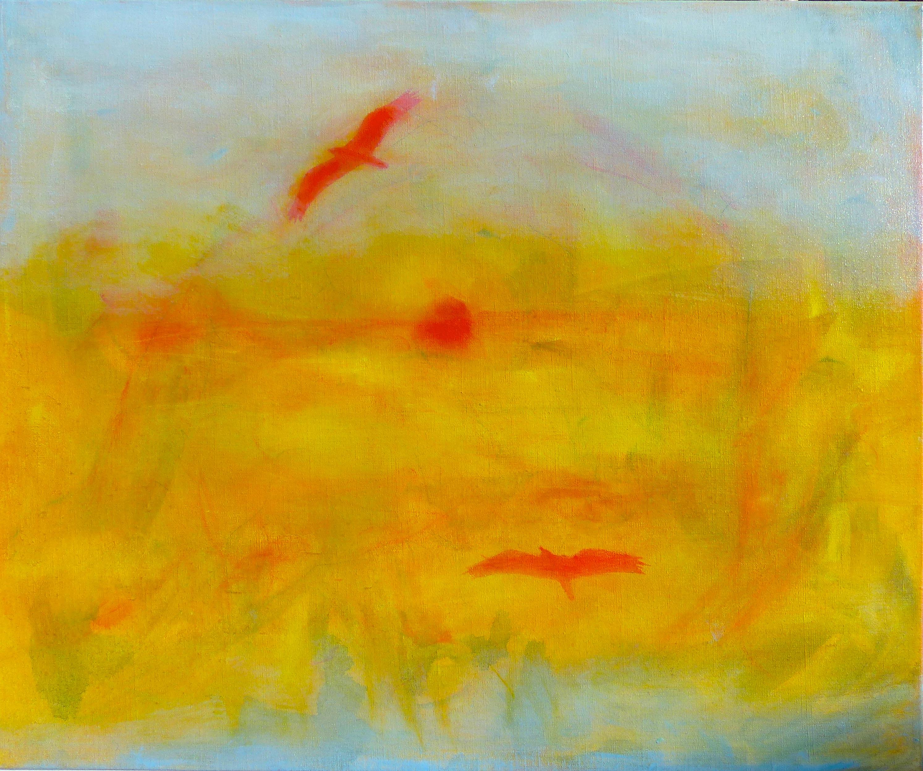 Suzanne Benton Landscape Painting – Breaking Free, Abstrakte Seelandschaft mit roten Vögeln, Golden Sky Painting, 20 x 24 in