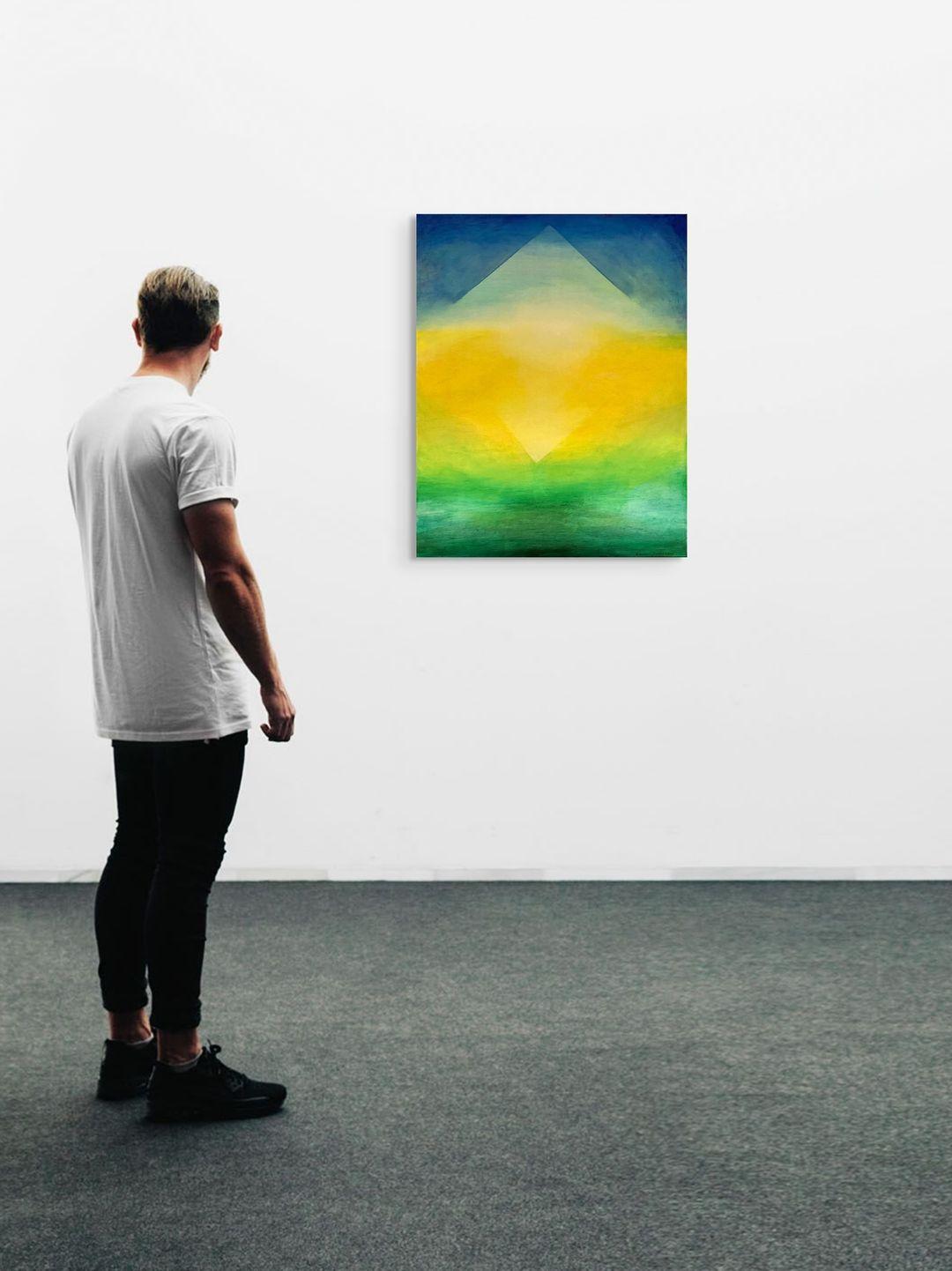 From Suzanne Benton’s newest body of work, Compendium radiates with the artist’s enduring exploration of light, spirit, and transformation. A luminous pyramid form rises through veils of yellow, green, and blue, merging geometry with emotion.