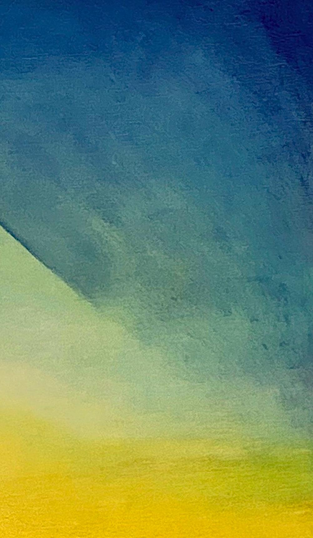 Compendium, 30x24 in. Abstract Geometric Gradient Painting in Blue/Yellow/Green For Sale 4