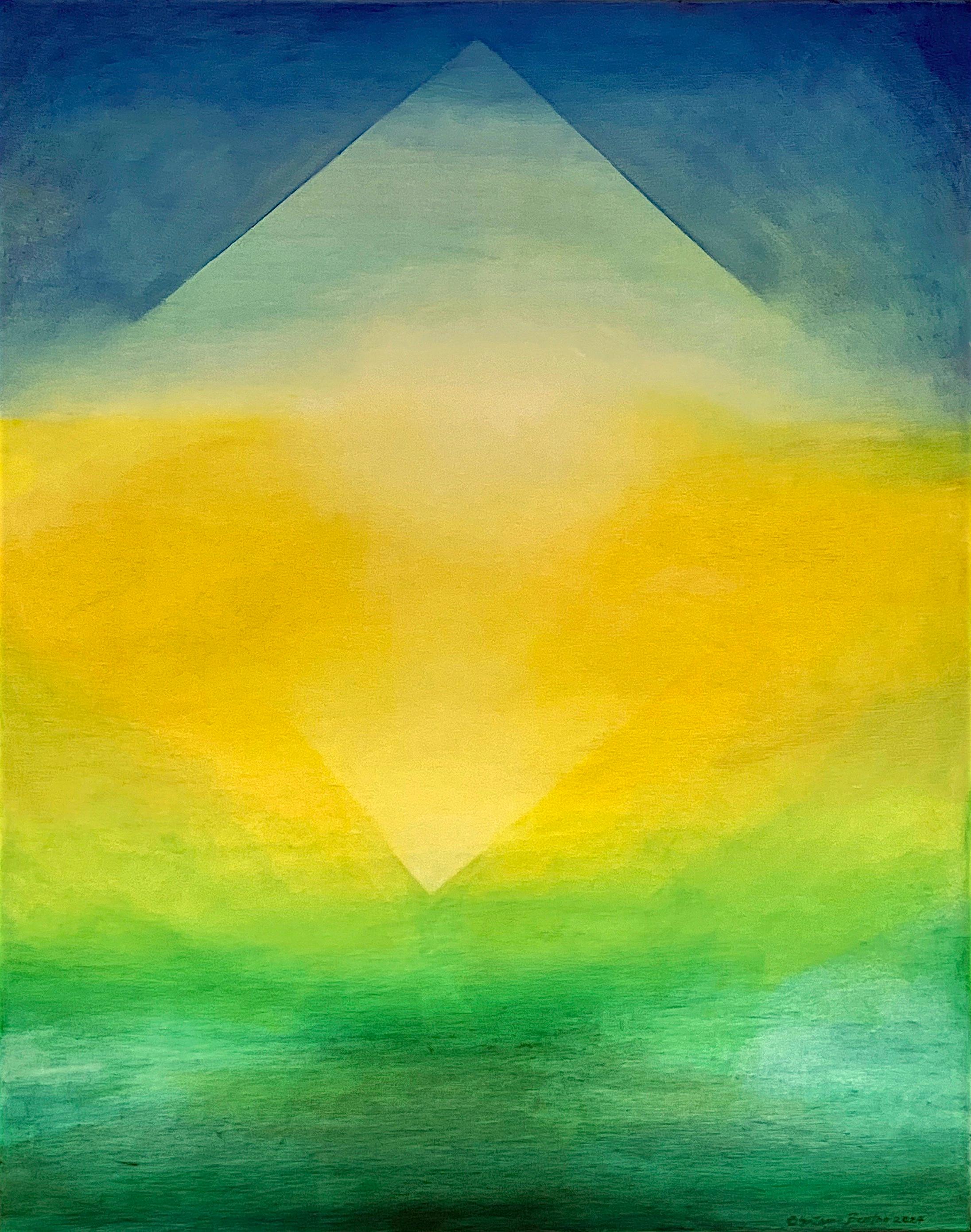 Suzanne Benton Landscape Painting - Compendium, 30x24 in. Abstract Geometric Gradient Painting in Blue/Yellow/Green