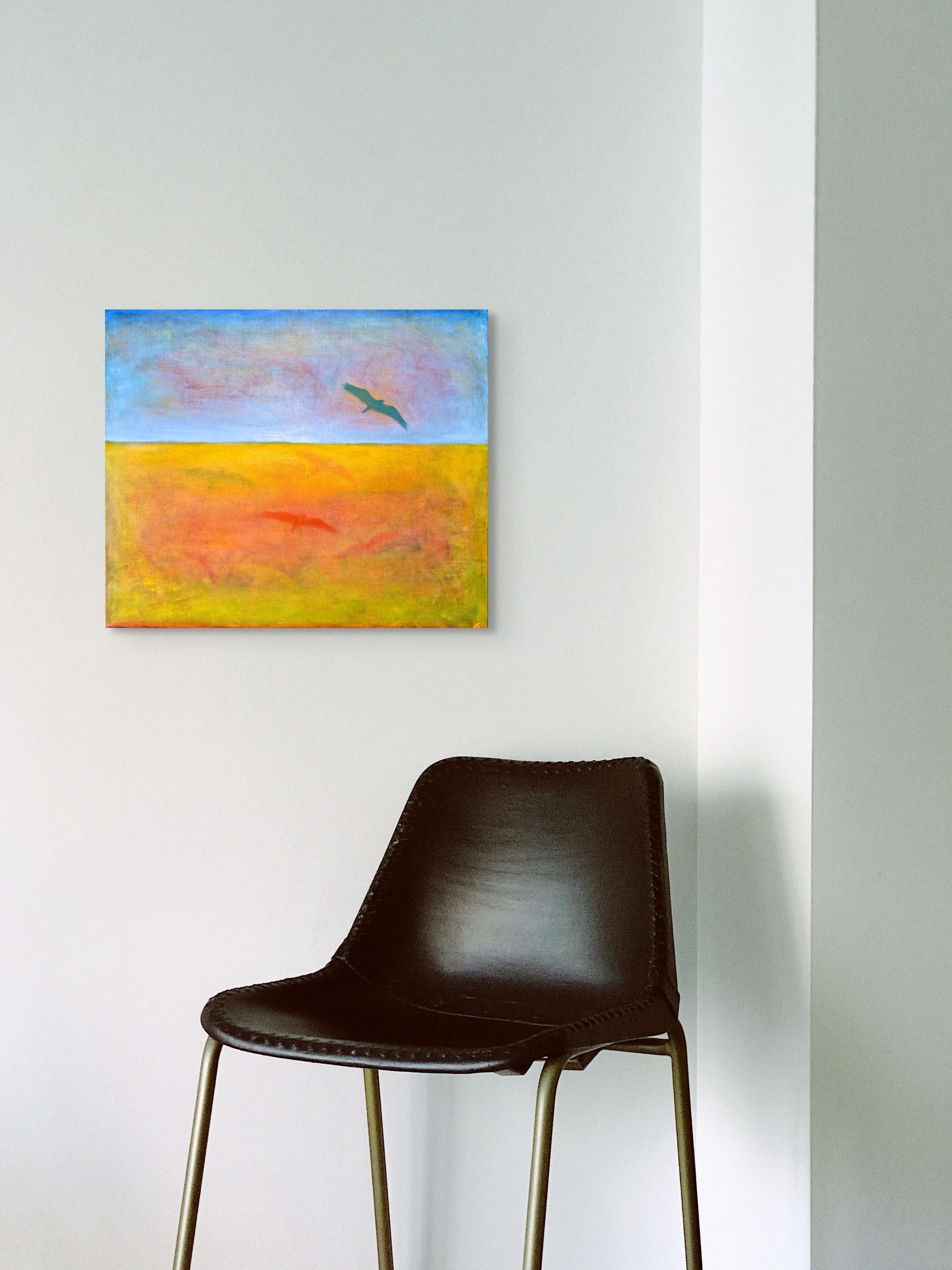 Fly Away, abstrakte Landschaft Ölgemälde mit Vogel im Flug, 20 x 24 in – Painting von Suzanne Benton