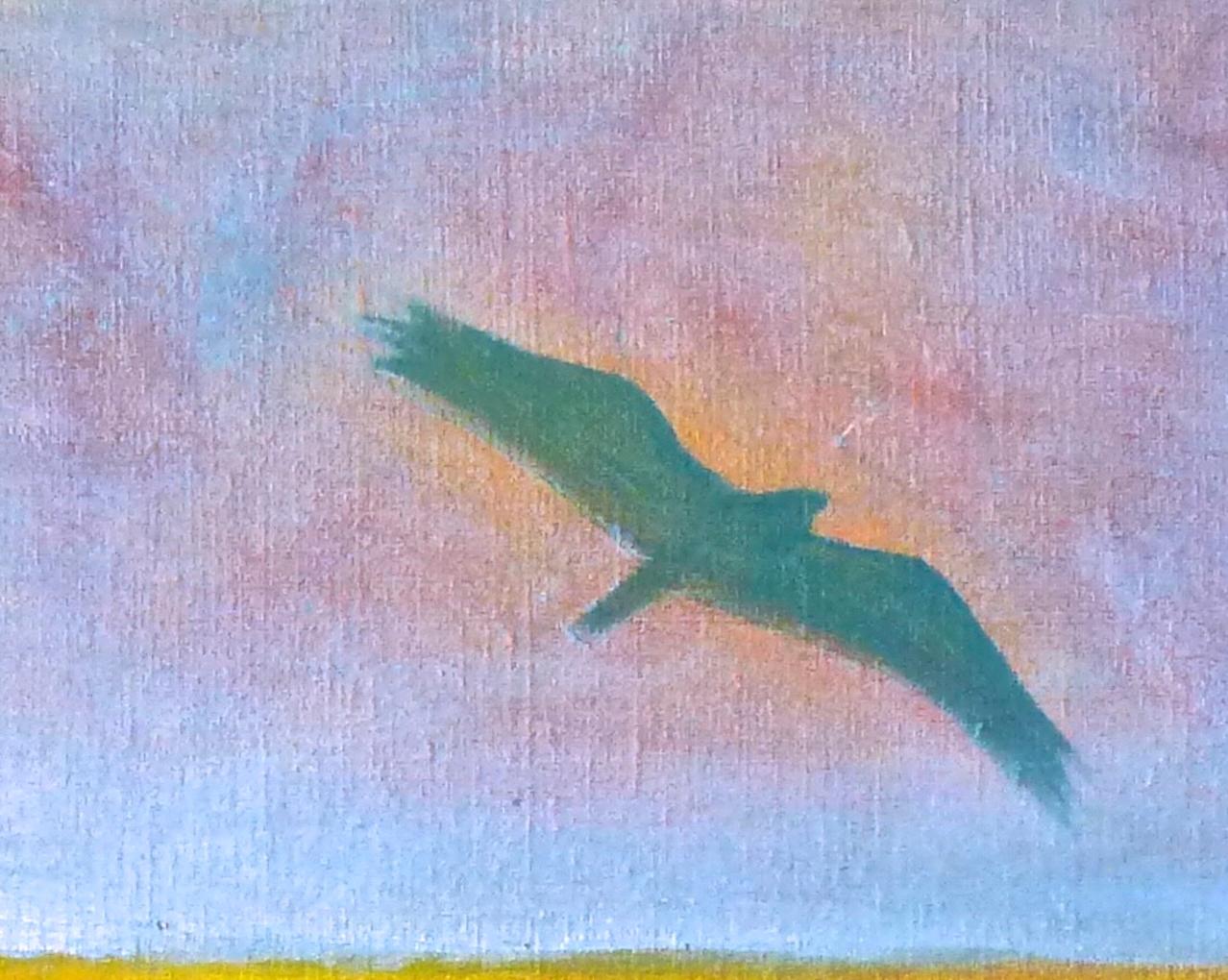 Fly Away, abstrakte Landschaft Ölgemälde mit Vogel im Flug, 20 x 24 in (Zeitgenössisch), Painting, von Suzanne Benton