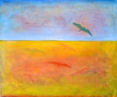 Fly Away, Abstract Landscape Oil Painting With Bird In Flight, 20 x 24 in