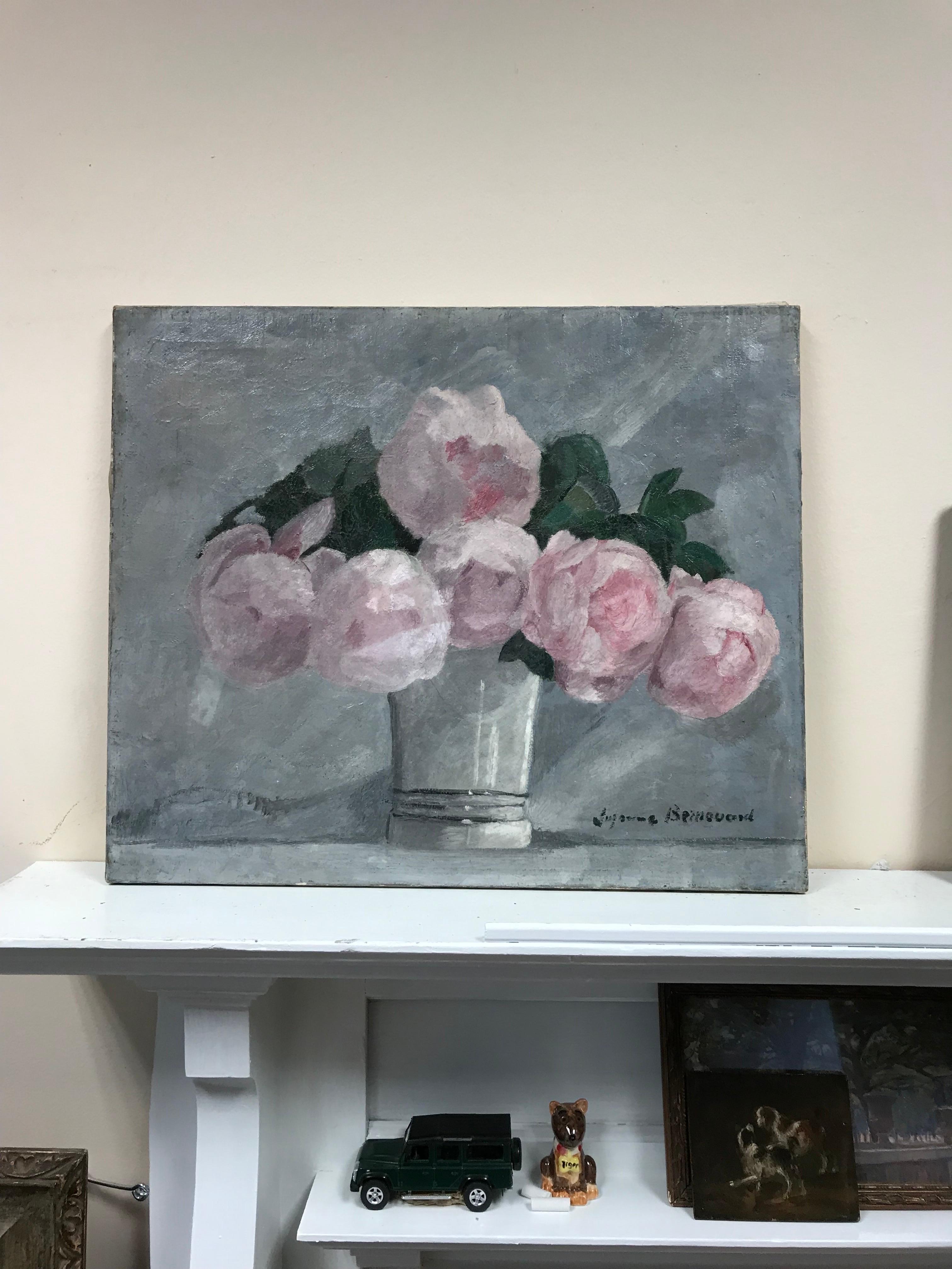 1920's French Impressionist Signed Oil Peonies in Vase, soft grey pink colors - Painting by Suzanne Bernouard