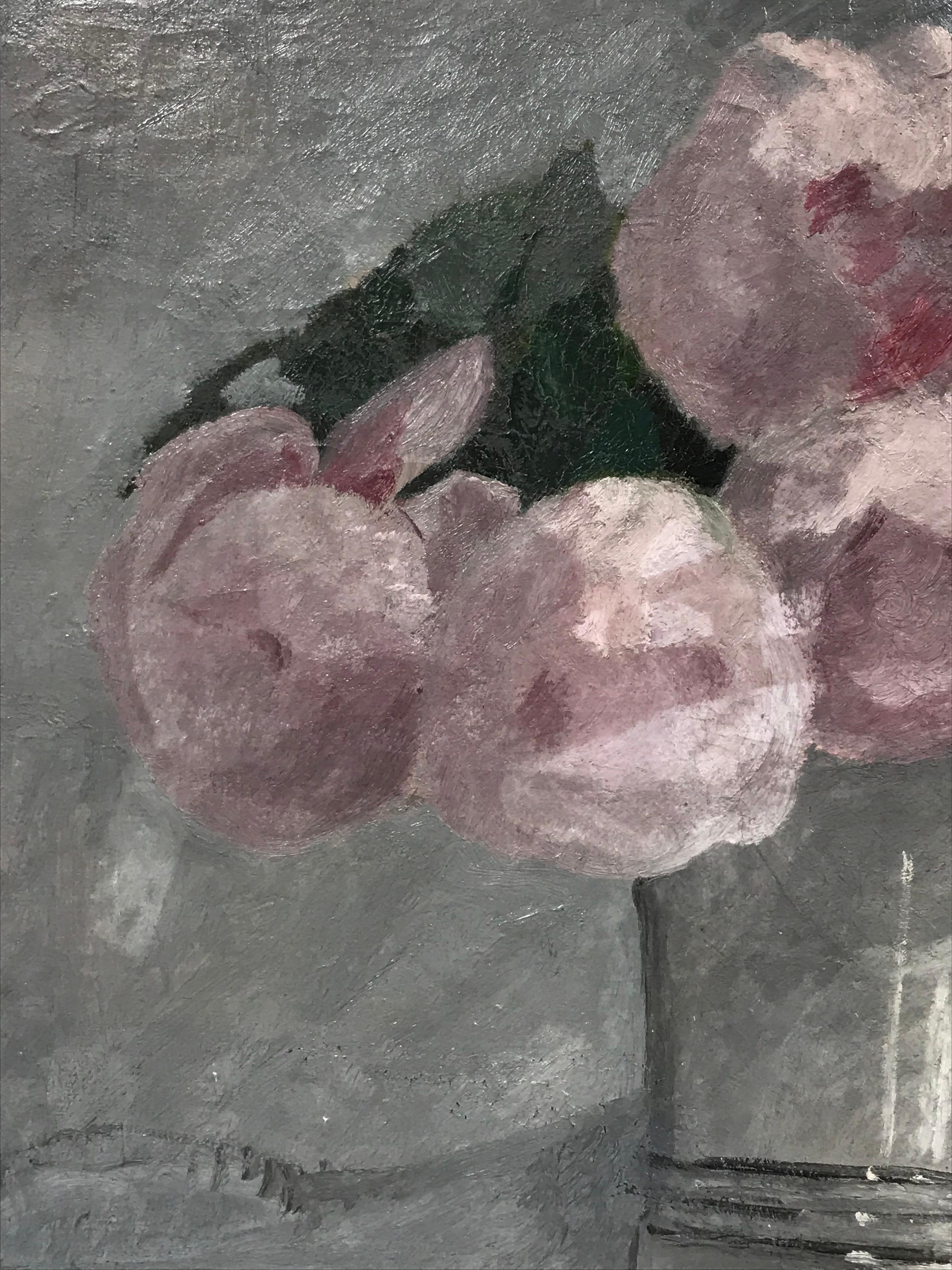 1920's French Impressionist Signed Oil Peonies in Vase, soft grey pink colors - Gray Interior Painting by Suzanne Bernouard