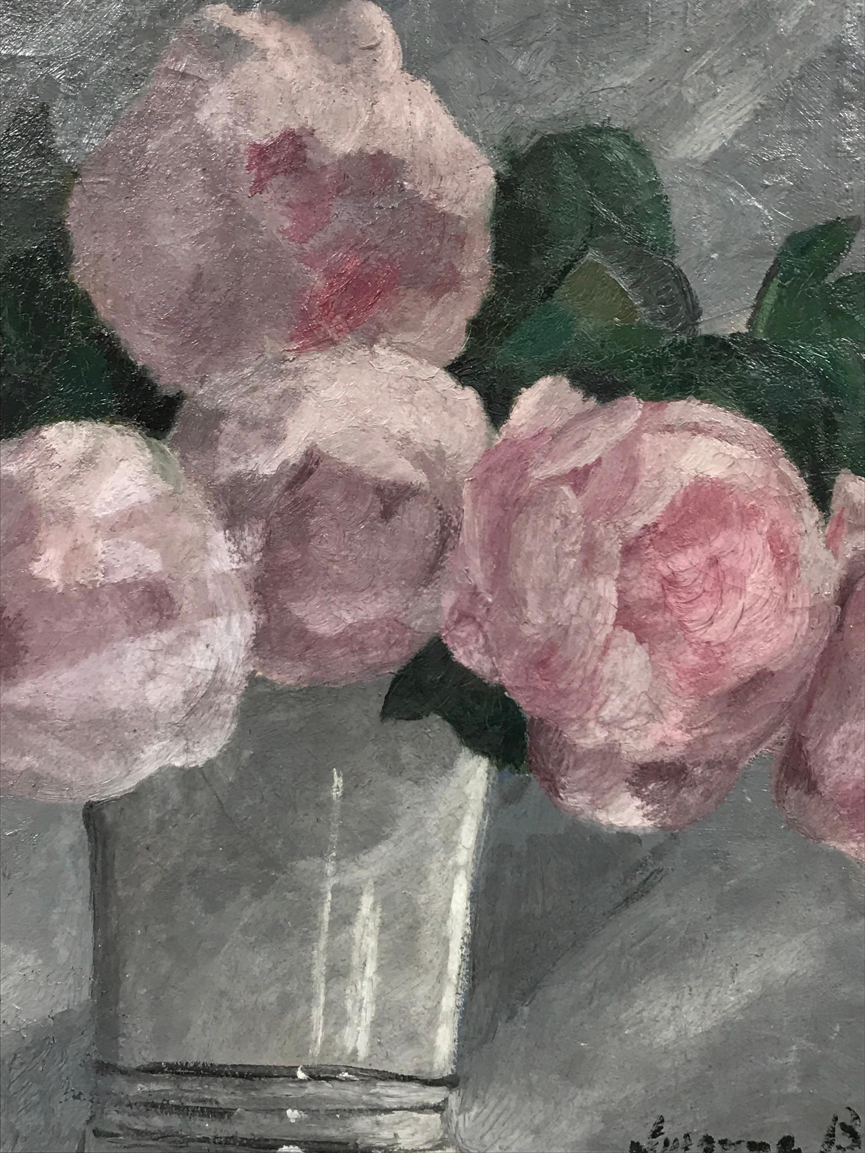 Artist/ School: Suzanne Bernouard, French, signed, dated 1924 verso

Title: Vase Bleu, titled to old exhibition label in Paris 1924, showing pink peonies in a grey blue vase. 

Medium: oil painting on canvas, unframed, signed

Size:

canvas: 18 x