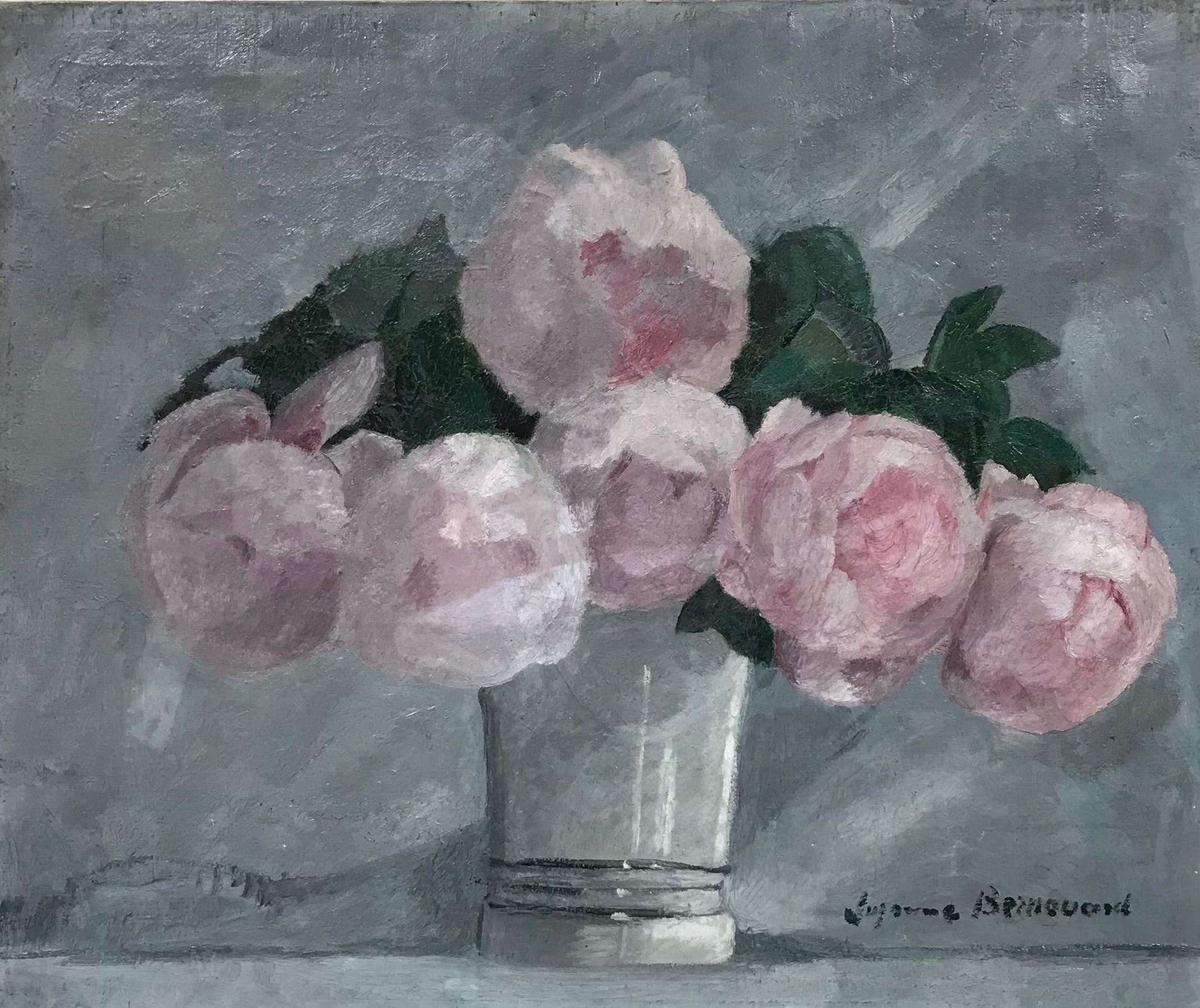 Suzanne Bernouard Interior Painting - 1920's French Impressionist Signed Oil Peonies in Vase, soft grey pink colors