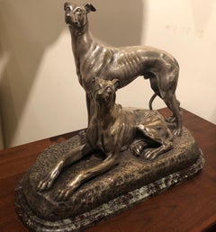 Art Deco Greyhound Dogs Bronze Sculpture Statue by S. Bizard