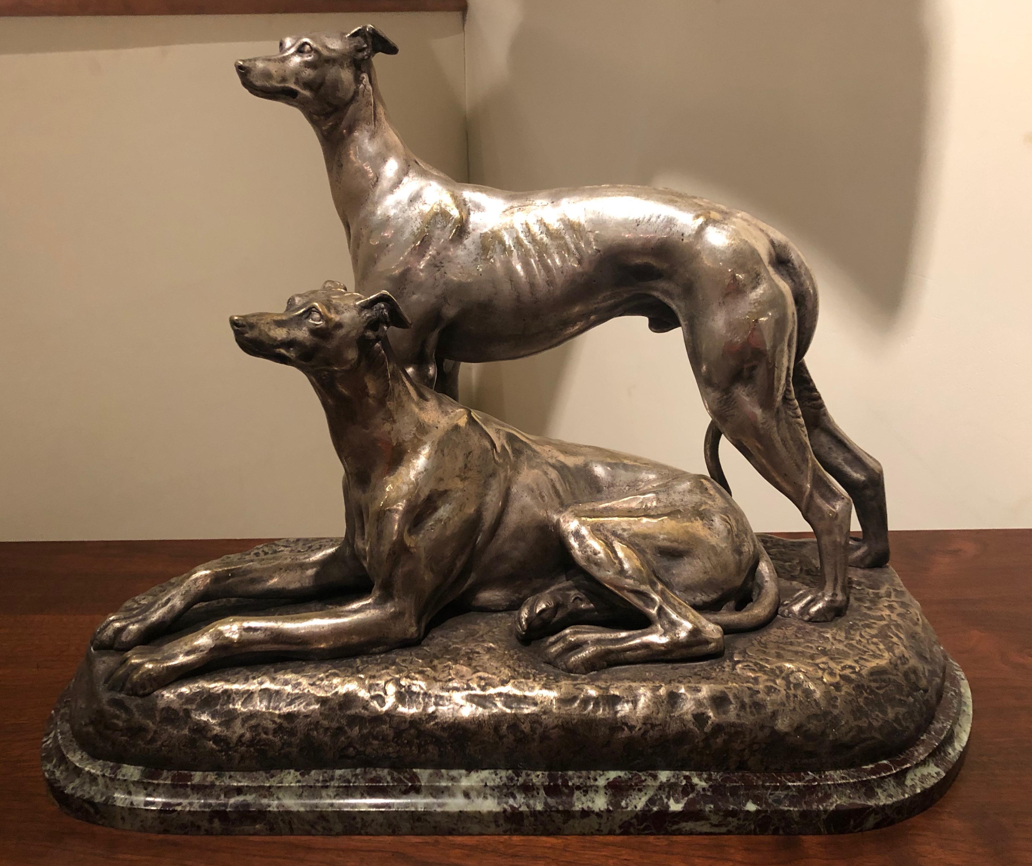 Art Deco Greyhound Dogs Bronze Sculpture Statue by S. Bizard For Sale 1