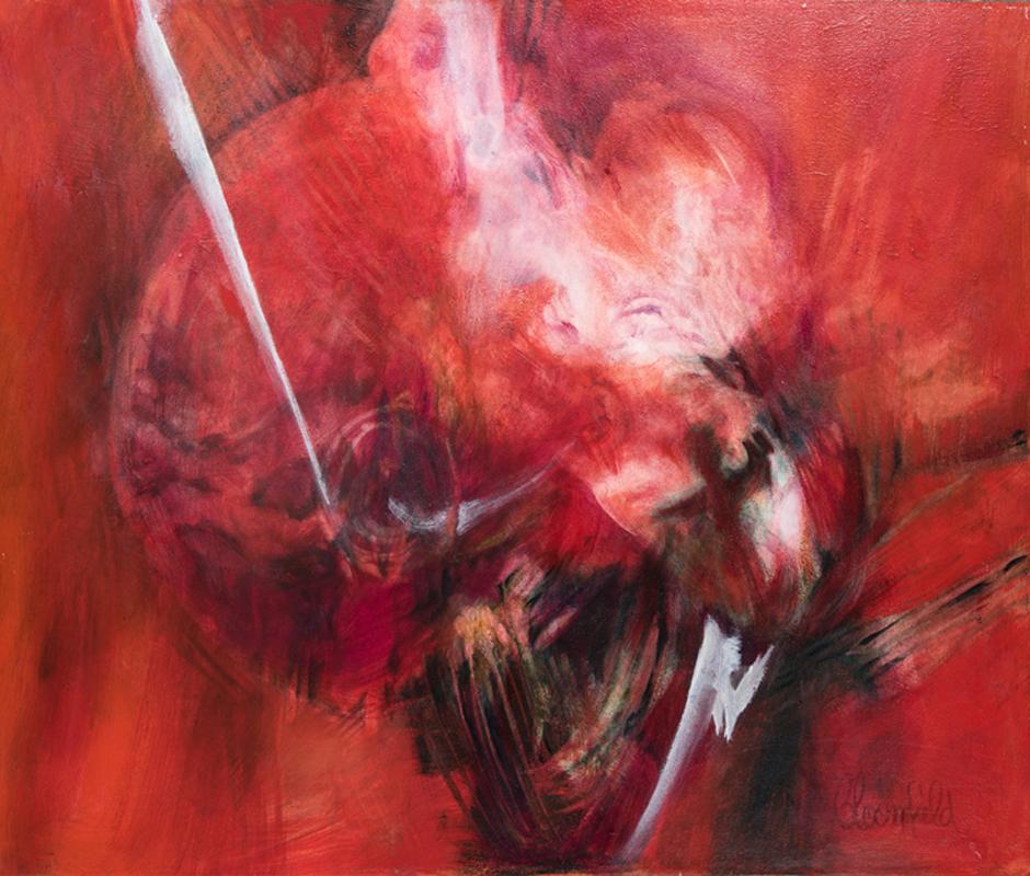 Abstract Painting de Suzanne Bloomfield - "Quickening" Artista Expresionista Abstracto Femenino 1970 Rojo Negro Blanco ÓLEO GRANDE
