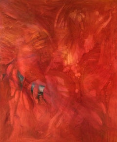 1970 Large Abstract Surrealist Composition - Red Black & White - Encaustic & Oil