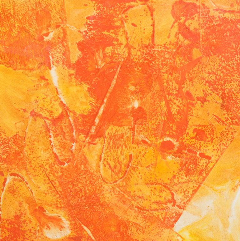 Tucson Sunrise In July 1973 Encausto Astratto Arancione Giallo #9893 Artista Donna - Painting di Suzanne Bloomfield
