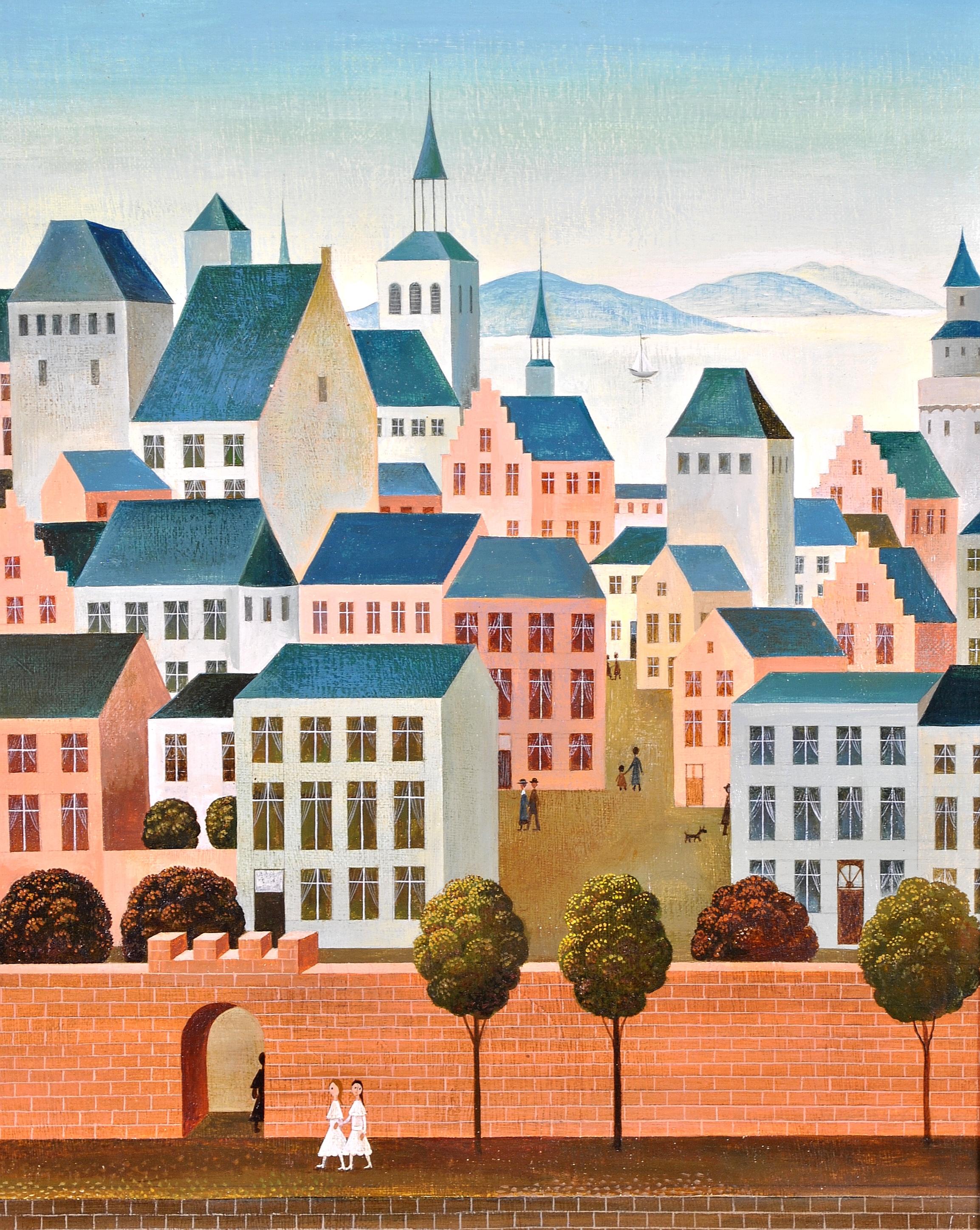 Paysage urbain - Peinture à l'huile de paysage de ville naïf belge du milieu du 20e siècle  en vente 7